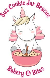 A unicorn stirring cookie dough in a mixing bowl. Text reads: "Suz Cookie Jar Rescue Bakery & Bites."
