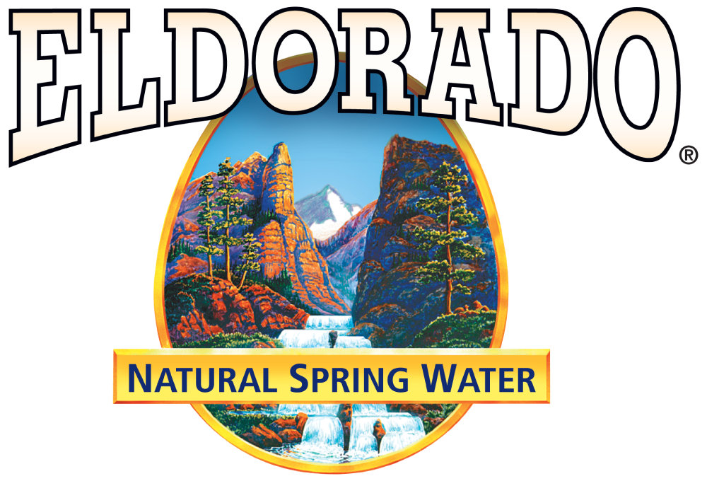 Eldorado Natural Spring Water logo with a mountain and waterfall illustration.
