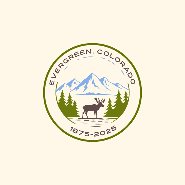 Seal of Evergreen, Colorado with mountains, trees, and an elk; dates 1875-2025 included.