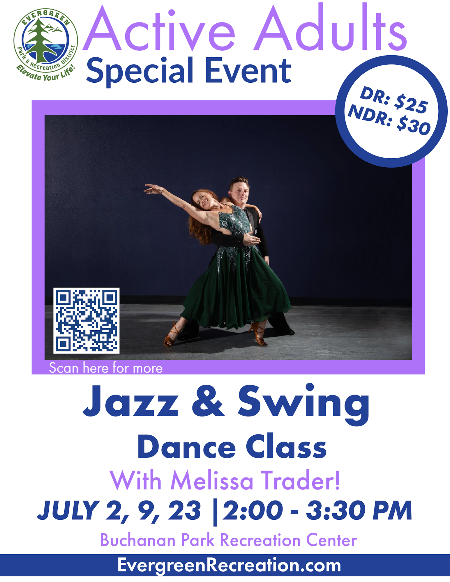 Dance class for adults: Jazz & Swing with Melissa Trader. Dates: July 2, 9, 2023, 2:00-3:30 PM. Buchanan Park Rec Center.