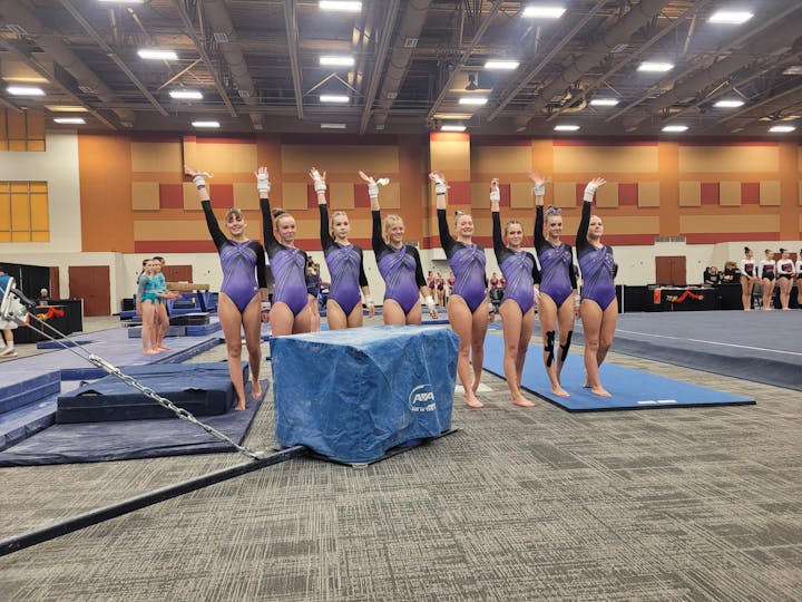 A group of gymnasts in purple leotards stand in a line, raising one arm, on a gymnastics mat indoors.