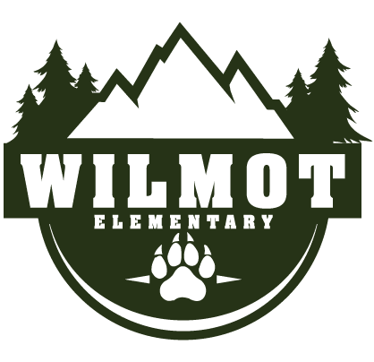 A logo with mountains, trees, "WILMOT ELEMENTARY," and a paw print.