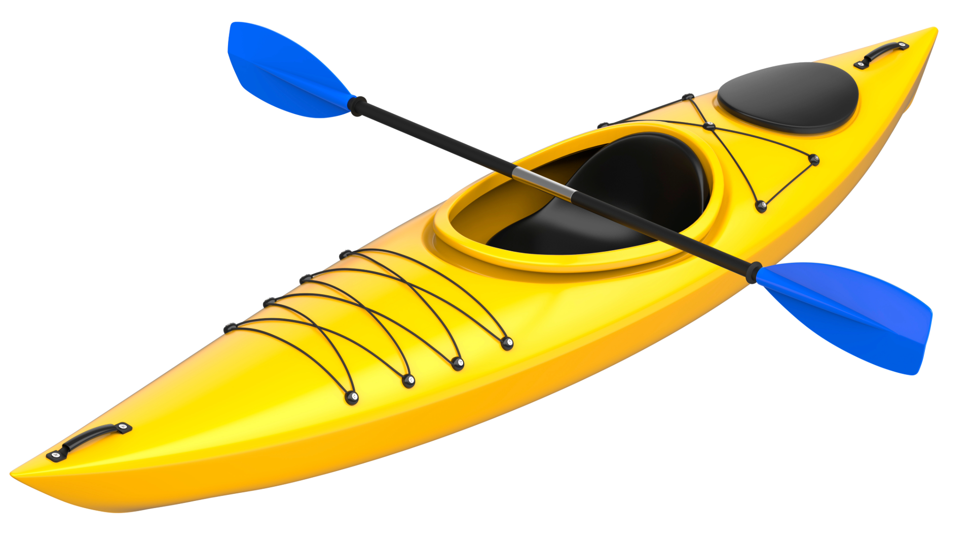A yellow kayak with blue paddles and black rigging on a white background.