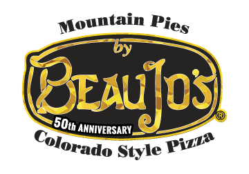 Logo of "Beau Jo's Mountain Pies," indicating their 50th anniversary and specializing in "Colorado Style Pizza."