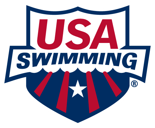 Logo of USA Swimming with a shield design, American flag elements, and the text "USA SWIMMING."