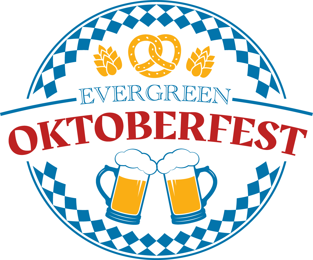 "Oktoberfest logo: blue checker pattern, pretzel, hops, two beer mugs clinking, 'Evergreen Oktoberfest' text."