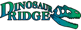 The image features a logo for "Dinosaur Ridge," showcasing a dinosaur skull design with a colorful gradient.