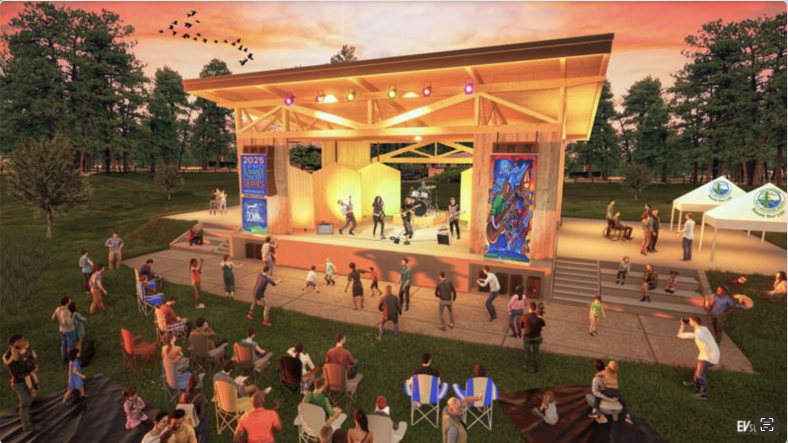Outdoor concert at sunset with a band playing on stage. People are gathered watching and enjoying the event, under a colorful sky.