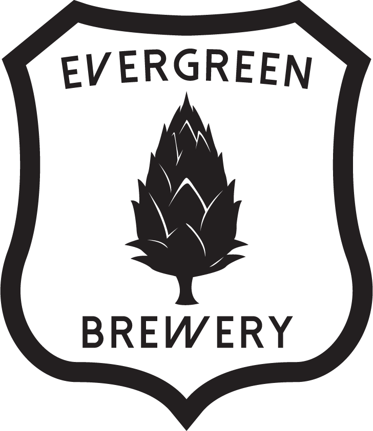 Logo of Evergreen Brewery featuring a shield and hop cone design.