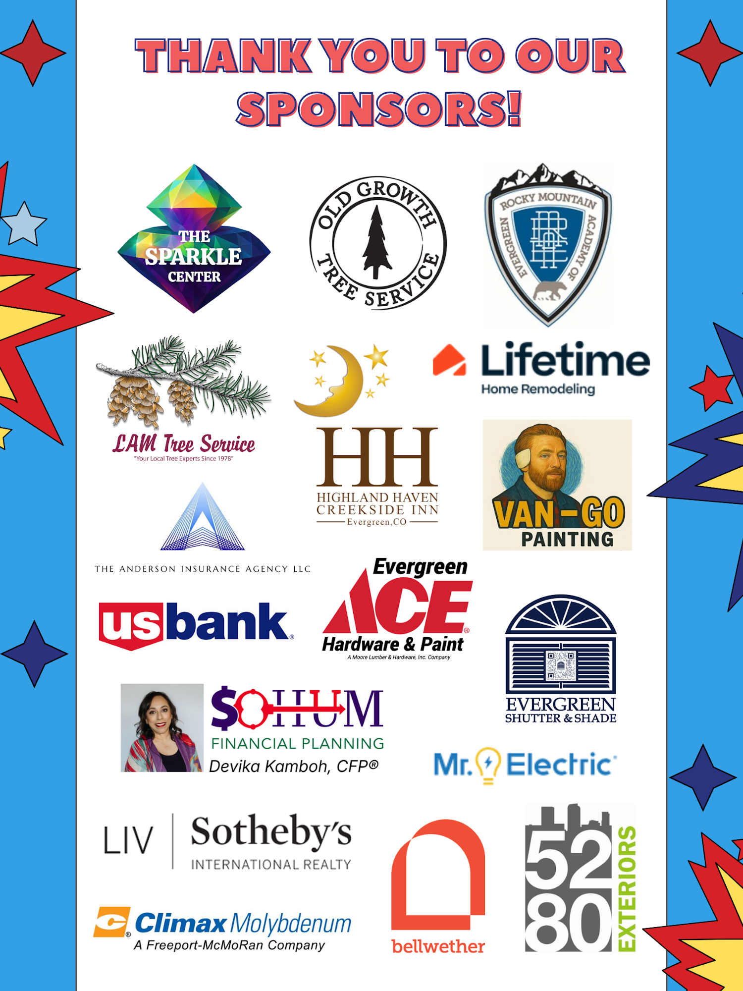 The image lists various sponsors for an event, featuring logos of different businesses in a colorful design.