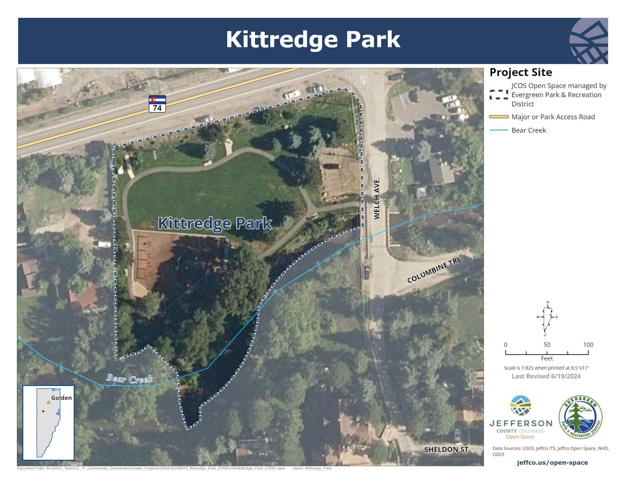 Aerial map of Kittredge Park showing trails, roads, Bear Creek, and project area by Jefferson County, Colorado.