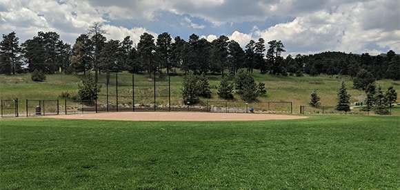 A baseball diamond set in a grassy park with trees and a cloudy sky.