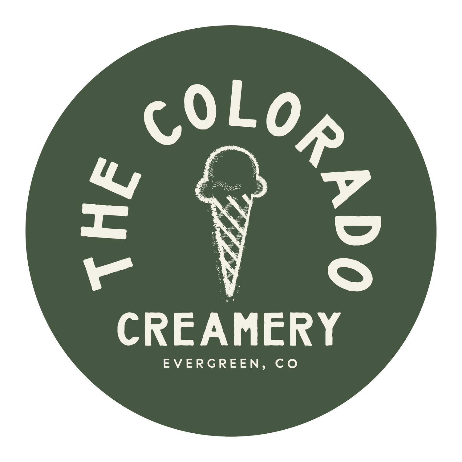 Logo for The Colorado Creamery in Evergreen, CO, featuring an ice cream cone design.