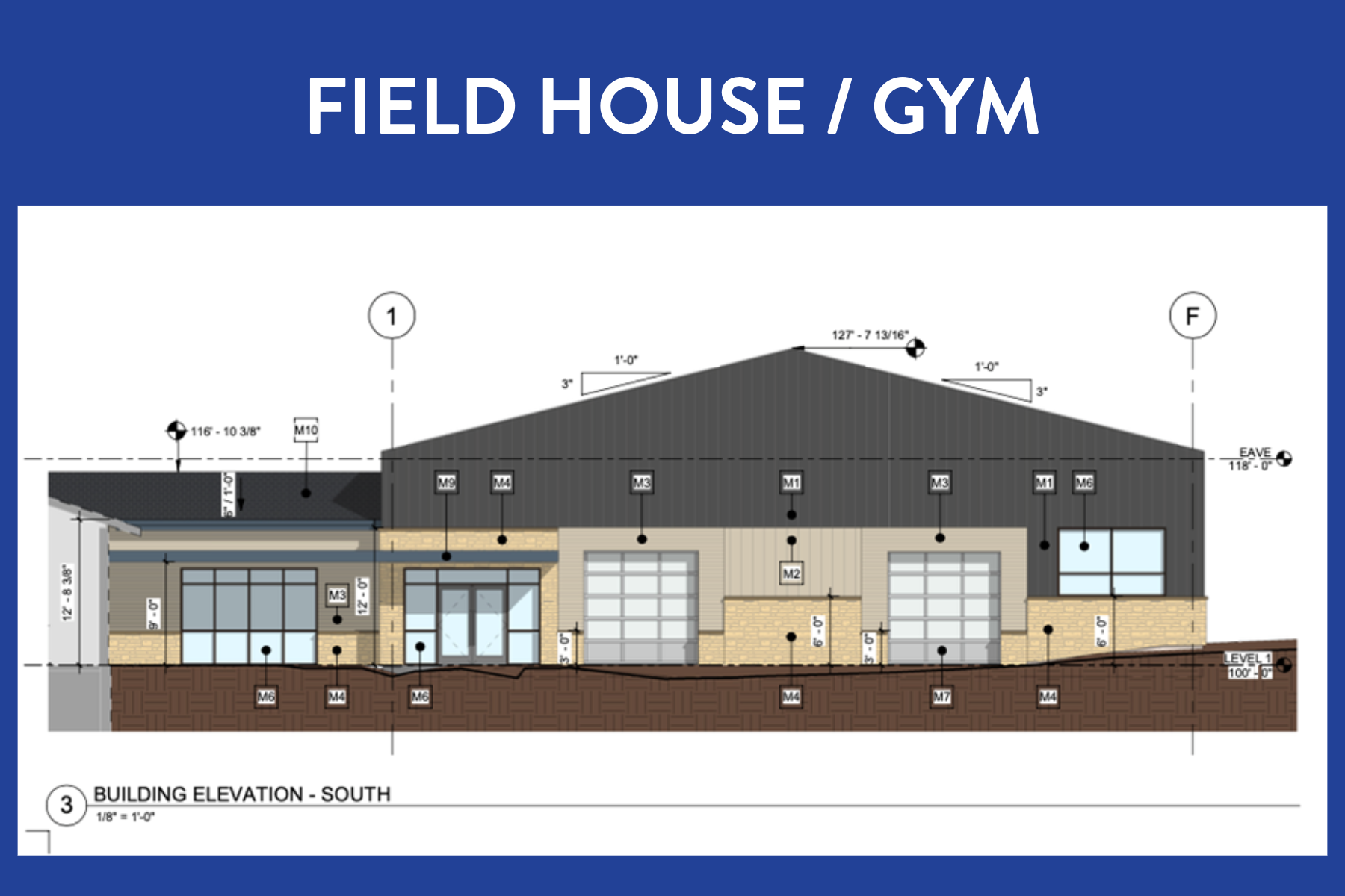Architectural drawing of a field house/gym with measurements and building elevation details.