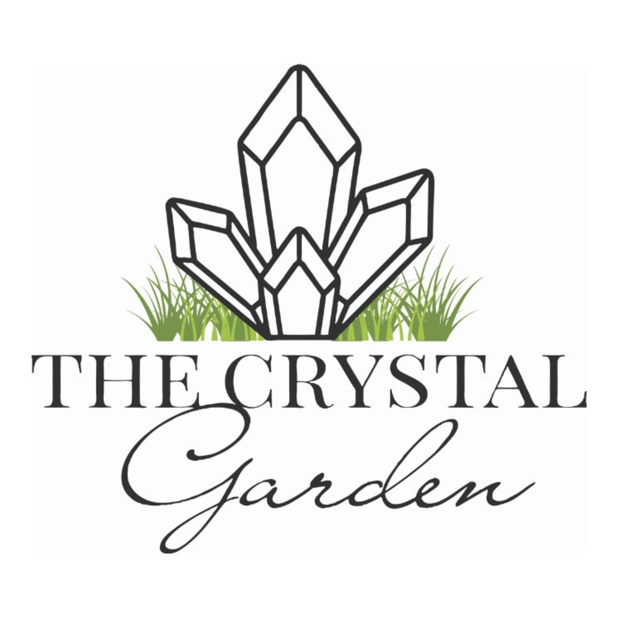 Logo with crystals above "The Crystal Garden" text, and grass elements.