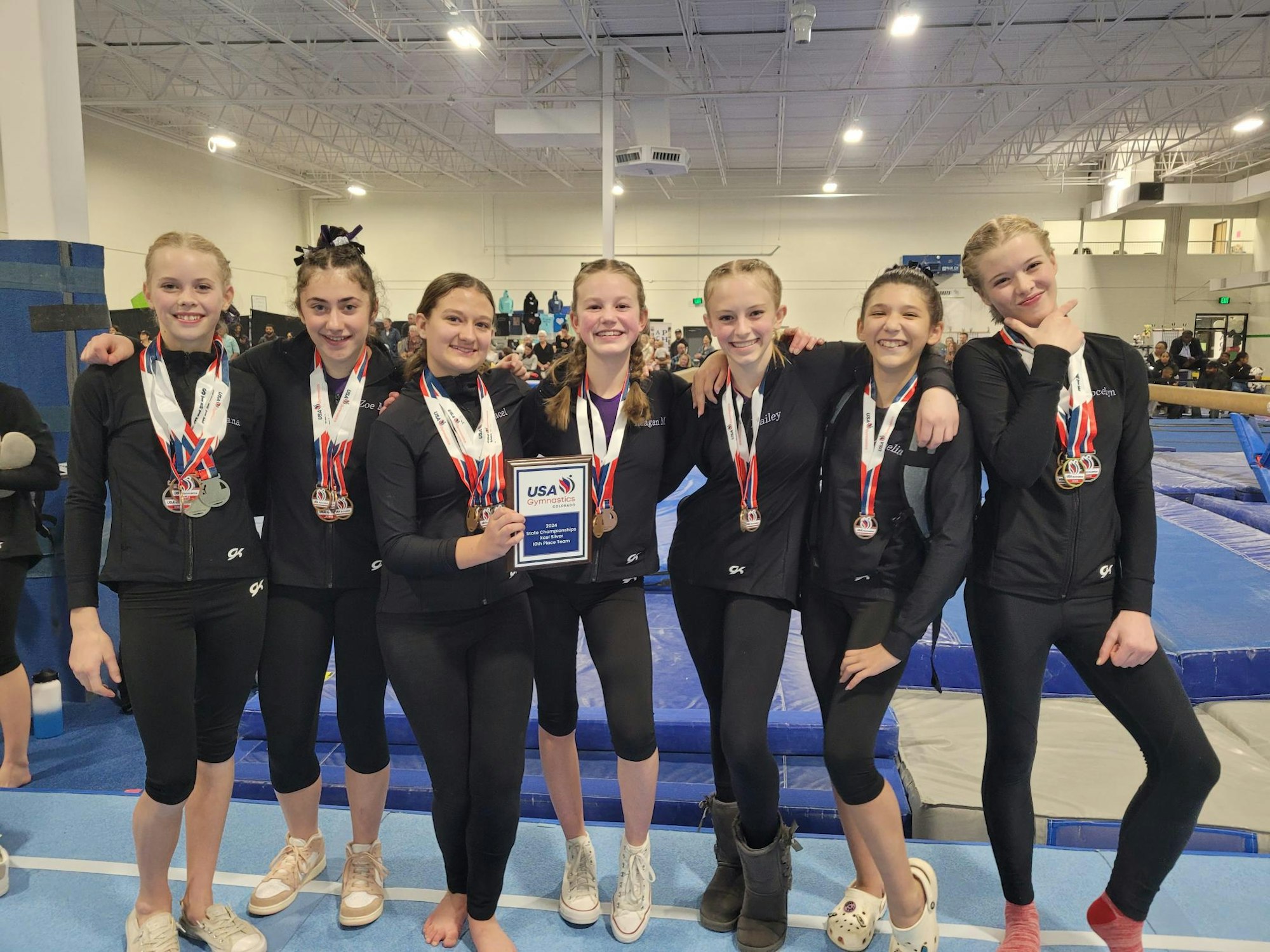 A group of young athletes in a gym, wearing medals and holding a USA Gymnastics plaque, smiling for the photo.