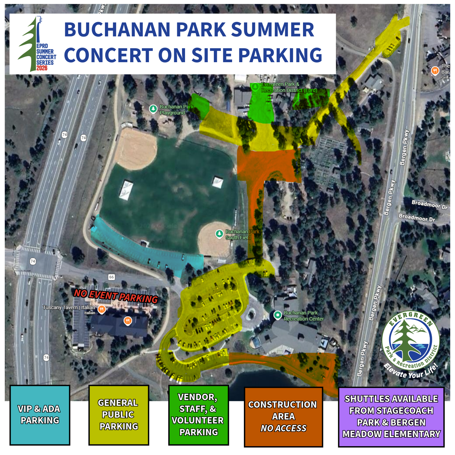 Map for Buchanan Park Summer Concert showing designated parking areas, no access zones, and shuttle locations.
