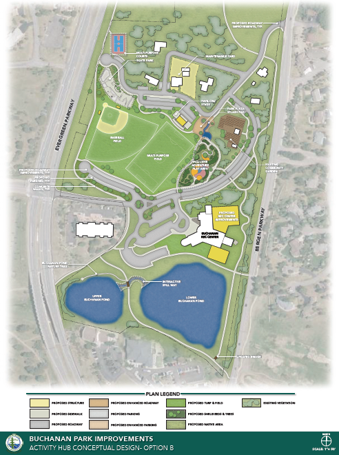 Aerial conceptual design of Buchanan Park showing sports fields, courts, buildings, parking, pedestrian paths, and ponds.