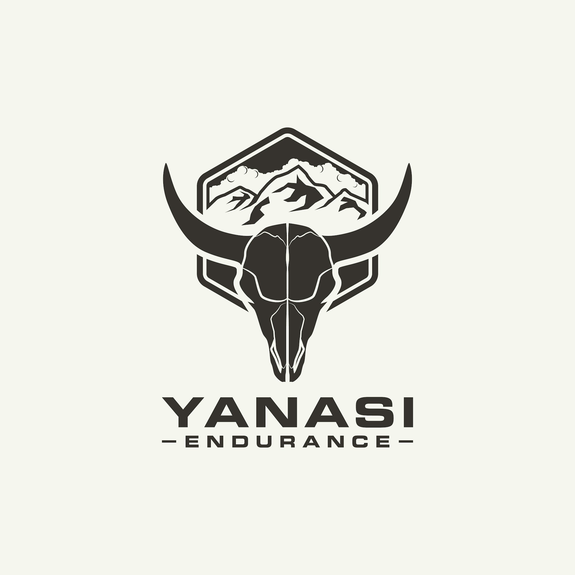 Bull skull with mountains in background, hexagonal frame, text "YANASI ENDURANCE".