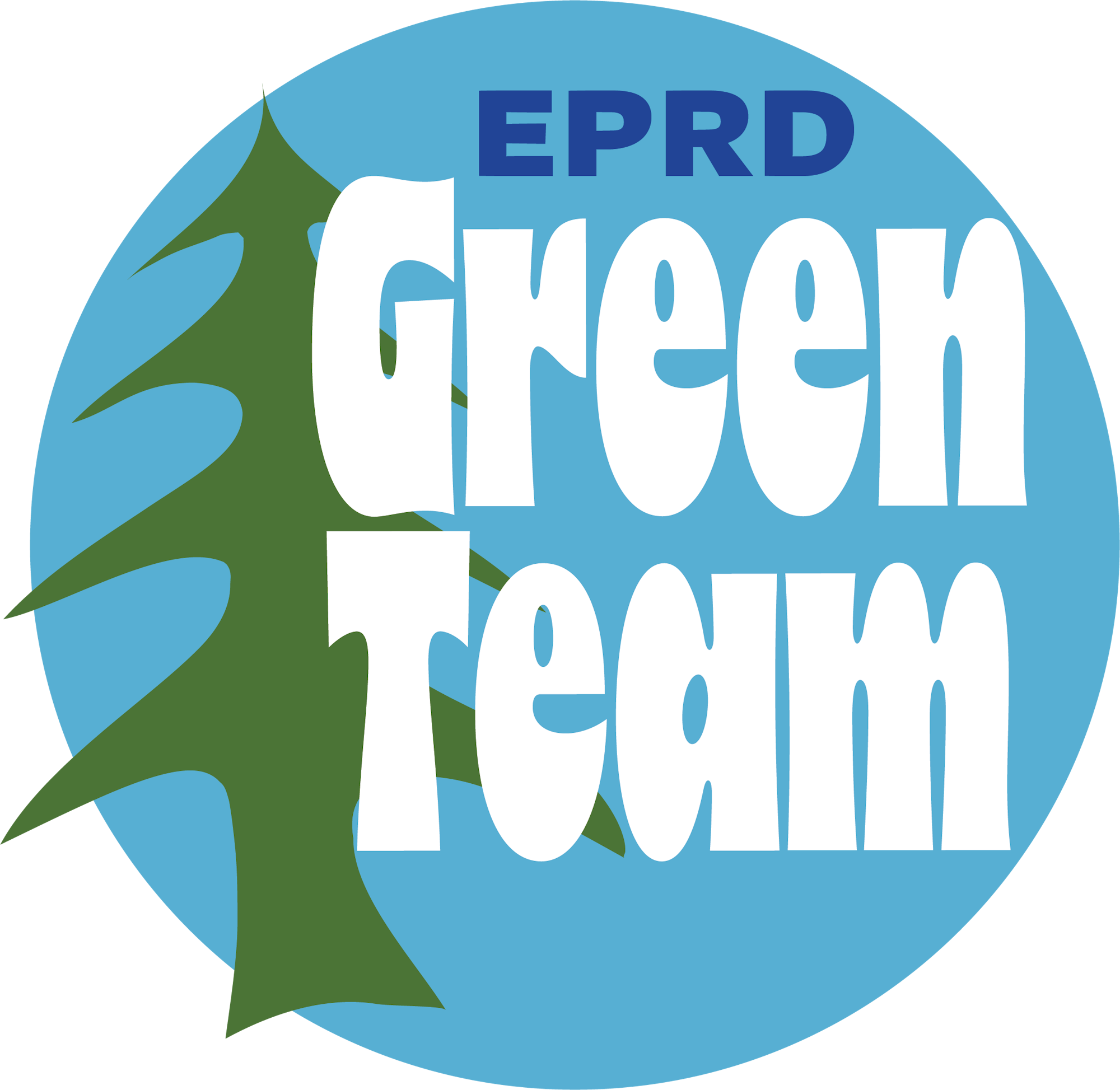 A logo with "EPRD Green Team" text in white on a blue background, featuring a green tree silhouette.
