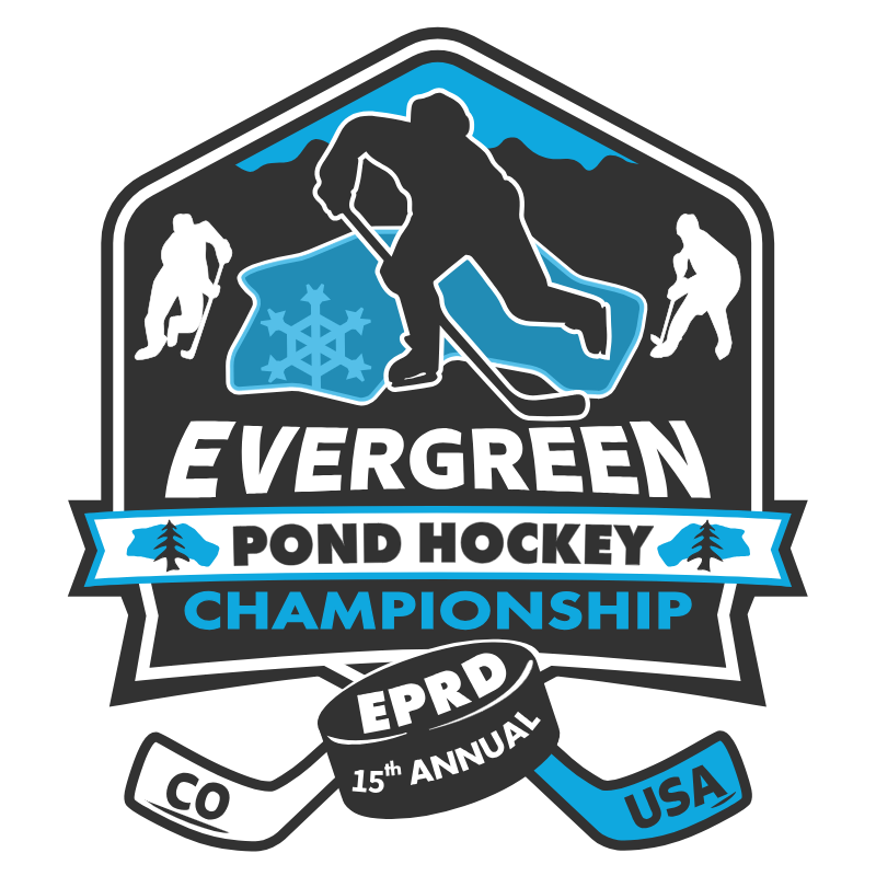 Logo for Evergreen Pond Hockey Championship, 15th annual, EPRD, with hockey players, trees, mountains, snowflake, and sticks.