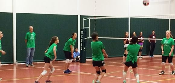 Indoor volleyball game with players in green shirts, ball midair.