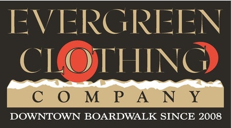Logo for "Evergreen Clothing Company," with "Downtown Boardwalk Since 2008" text and decorative elements.