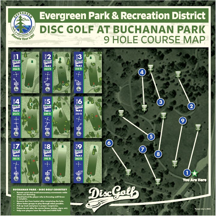 Map of a 9-hole disc golf course with layout and rules for Evergreen Park & Recreation District.
