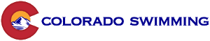 A logo with the text "Colorado Swimming" featuring a swimmer, waves, and the Colorado state flag elements.