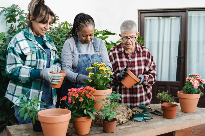 Three women are potting plants together at a table, surrounded by colorful flowers and gardening tools.