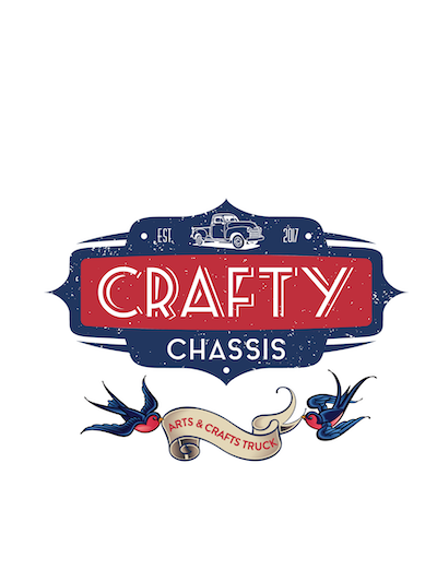 Crafty Chassis logo with vintage truck, "Est. 2017," two swallows, and "Arts & Crafts Truck" on a ribbon.