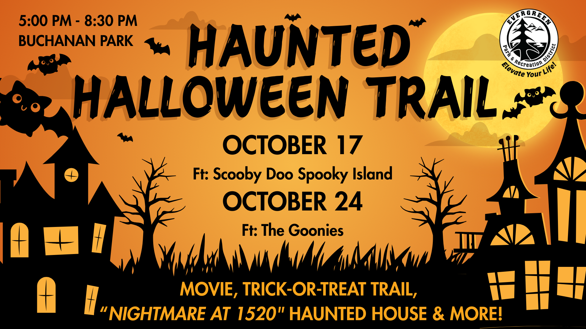Haunted Halloween Trail event with movies, trick-or-treat, and a haunted house, October 17 and 24 at Buchanan Park.