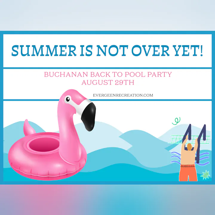 The image promotes a pool party on August 29th, celebrating summer with a pink flamingo theme.
