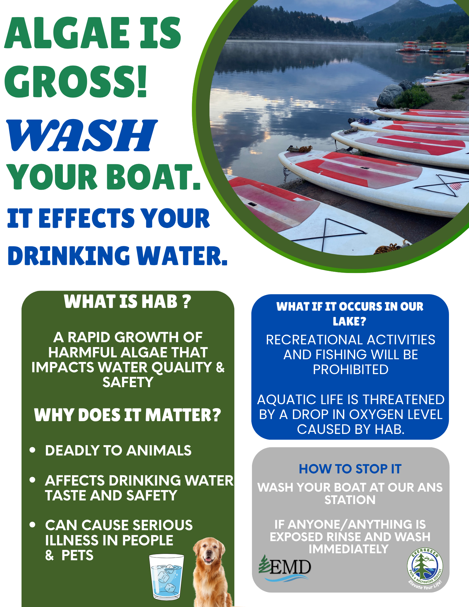 The image warns about harmful algae, advising boat washing to protect drinking water and aquatic life.