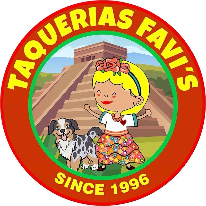 Cartoon girl and dog in front of a pyramid, surrounded by "Taquerias Favi's Since 1996" text.