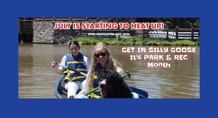 A newsletter cover promoting July as "Park & Rec Month," featuring two women kayaking with a dog.