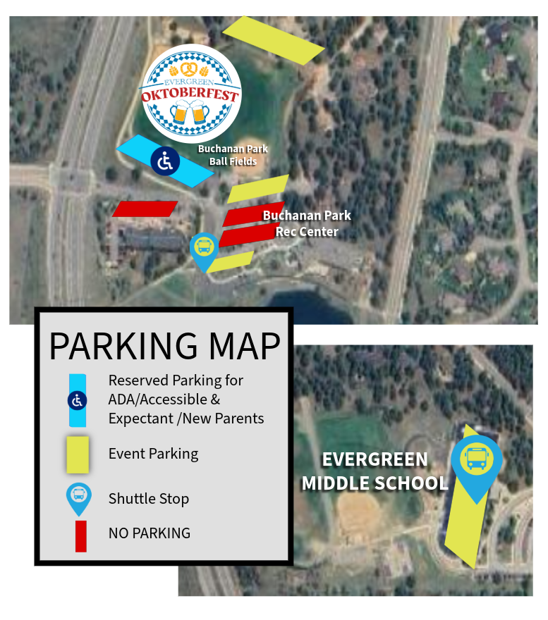 Parking map for Evergreen Oktoberfest showing areas for ADA, event parking, shuttle stops, and no parking zones.