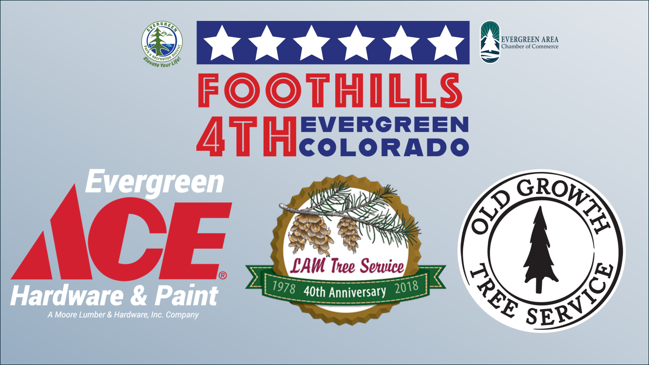 This image includes the following logos: Evergreen ACE Hardware & Paint logo, a Moore Lumber & Hardware, Inc. company. Logo for LAM Tree Service's 40th anniversary (1978-2018) featuring a pine branch with cones and green ribbon. Circle logo with "Old Growth Tree Service" and a silhouette of a tree in the center. Logo of Evergreen Area Chamber of Commerce with a stylized tree and river design. Foothills 4th logo with stars. Text: "FOOTHILLS 4TH EVERGREEN COLORADO" in red and blue. Logo for Evergreen Park & Recreation District with a tree, mountains, and a lake, plus the slogan "Elevate Your Life!"