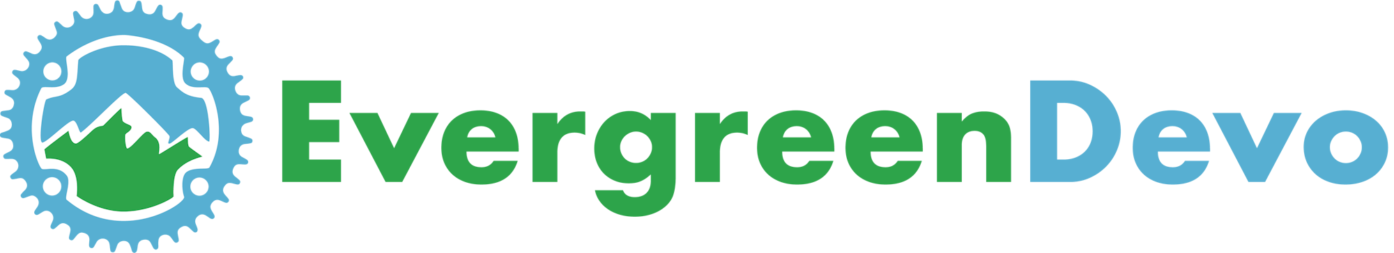 Logo with gear and mountain icon, text: "EvergreenDevo."