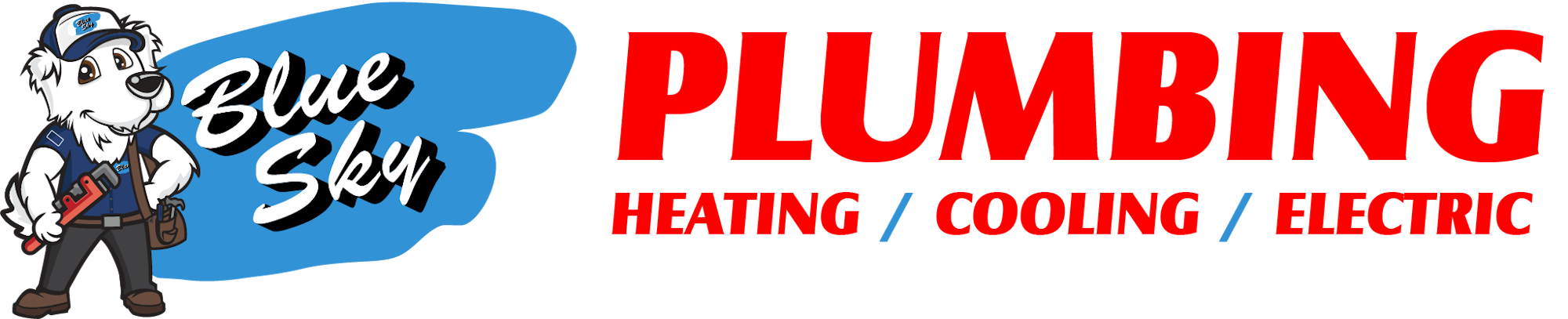 Cartoon polar bear plumber with "Blue Sky Plumbing Heating/Cooling/Electric" text.