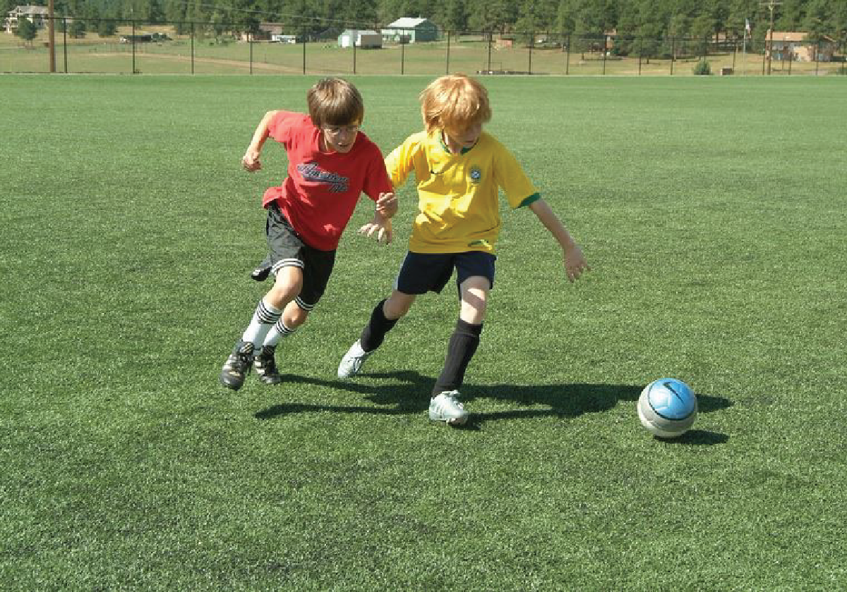 Two kids playing soccer on a grass field.
