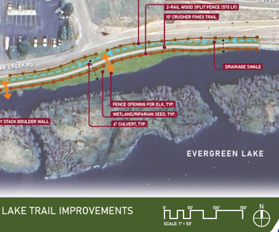 Map of Lake Trail Improvements with details on fencing, trail, drainage, and boulder walls along Evergreen Lake and Bear Creek Rd.