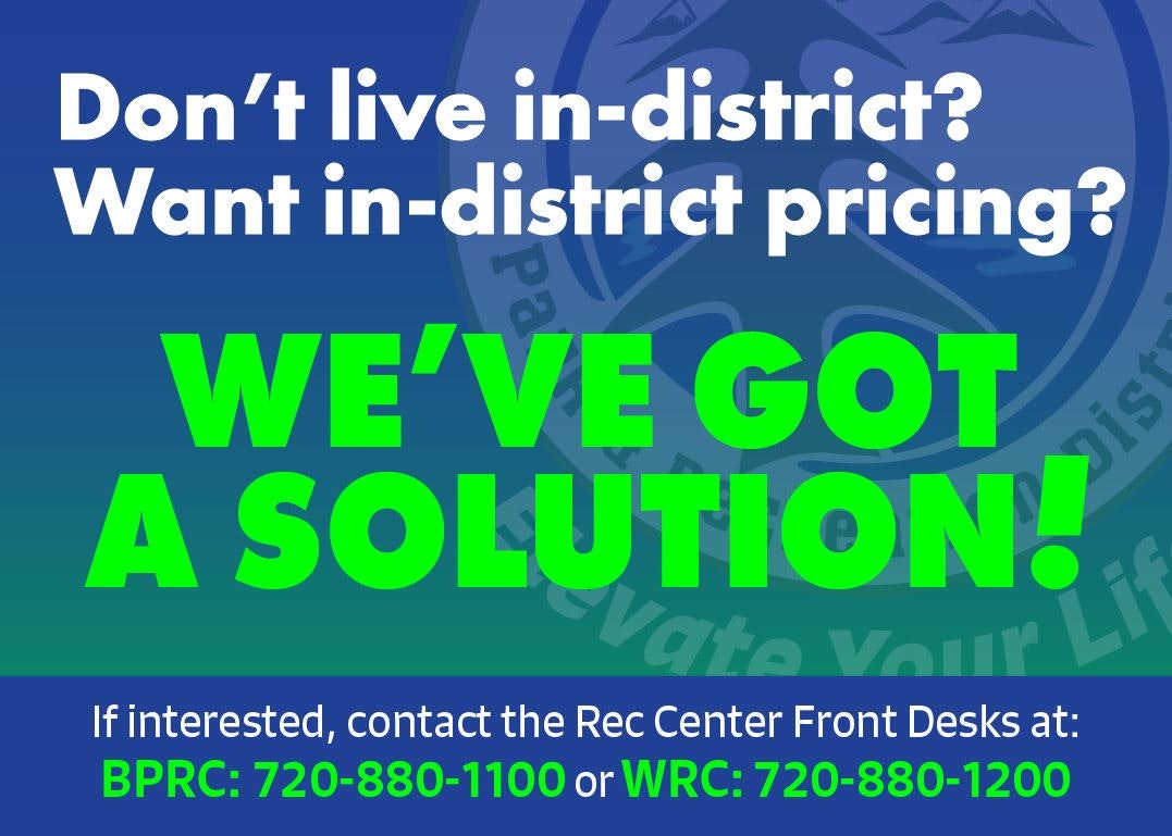 An ad offering a solution for non-district residents wanting in-district pricing with contact info for Rec Centers.