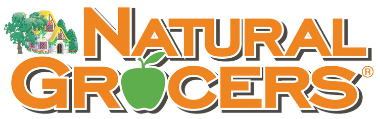 "Natural Grocers" logo with an apple graphic and a house with trees.