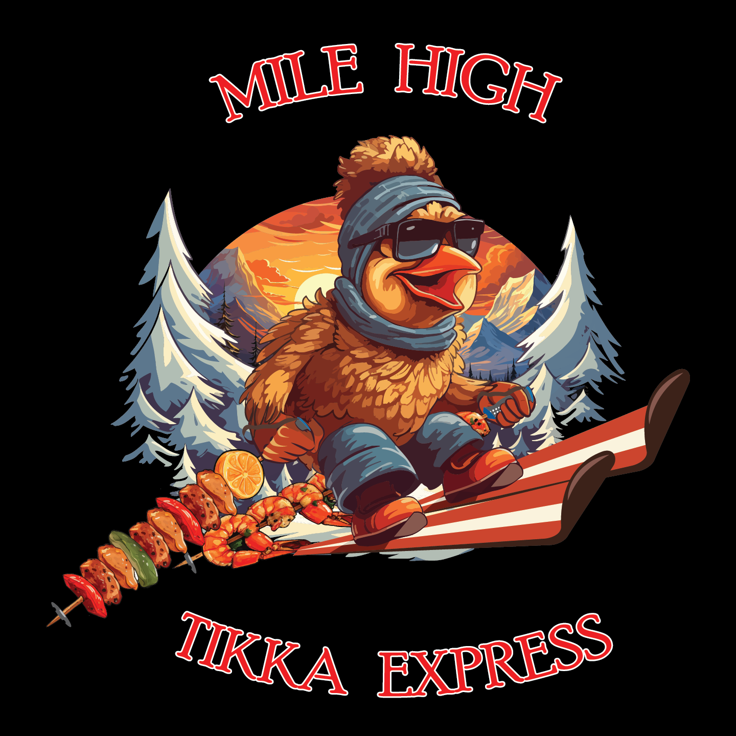 A skiing bird wearing winter gear, with kebabs, snowy mountains, and the text "Mile High Tikka Express."