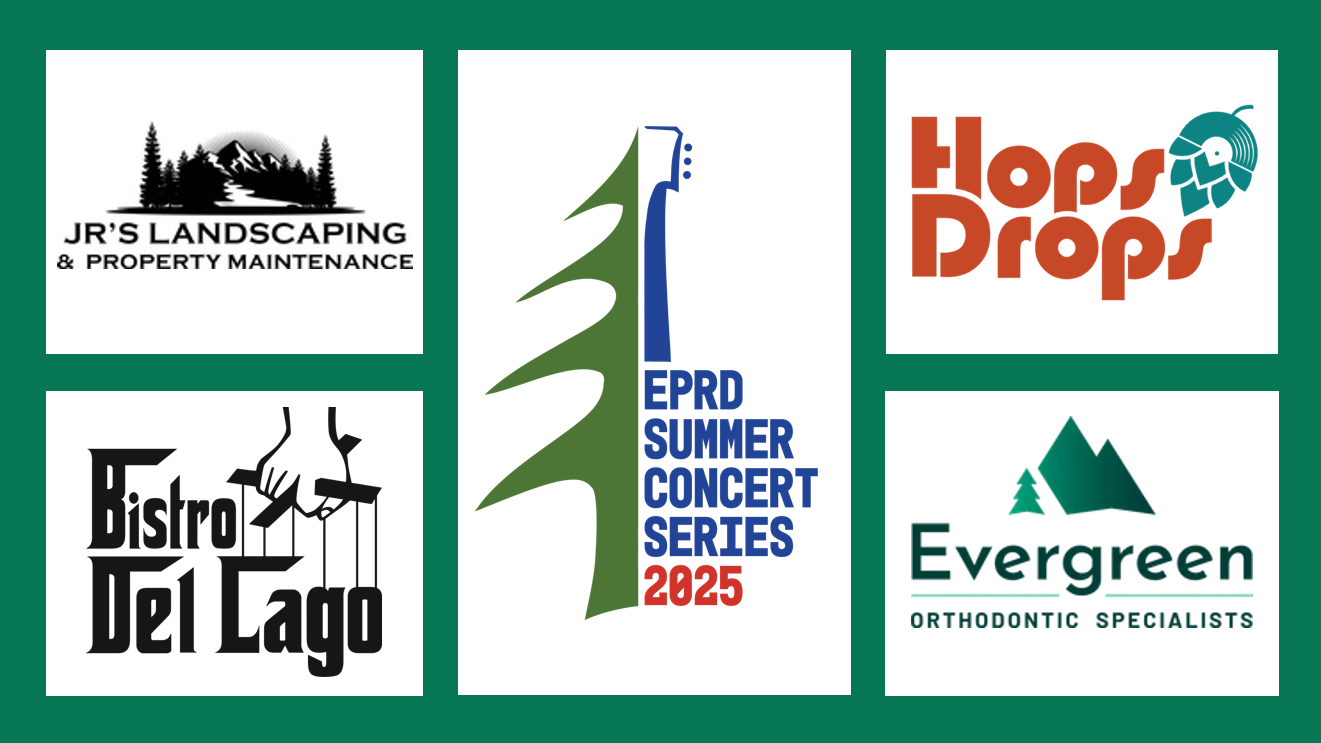 The image includes the five following logos: The text "Bistro Del Lago" with a hand holding puppet strings above. Logo with trees, mountains, and text: "JR'S LANDSCAPING & PROPERTY MAINTENANCE". Text "Hops Drops" with stylized letters and a hop-shaped design. Logo for Evergreen Orthodontic Specialists with mountains and trees. Text: "Giving our community a reason to smile.“ Logo for Evergreen Park and Recreation District Summer Concert Series 2025 with a half pine tree and half guitar image.