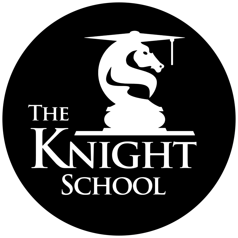Knight chess piece with a graduation cap, text: "The Knight School" within a black oval.