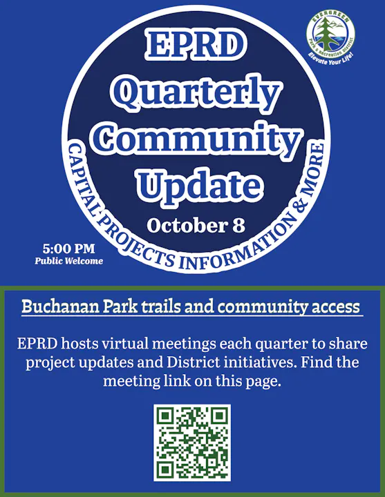EPRD Quarterly Community Update on October 8 at 5 PM. Discussion on Buchanan Park trails. Public welcome; find meeting link via QR code.
