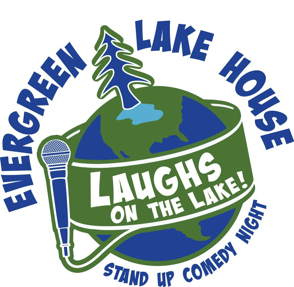Evergreen Lake House "Laughs on the Lake" Stand Up Comedy Night logo with a microphone and tree.