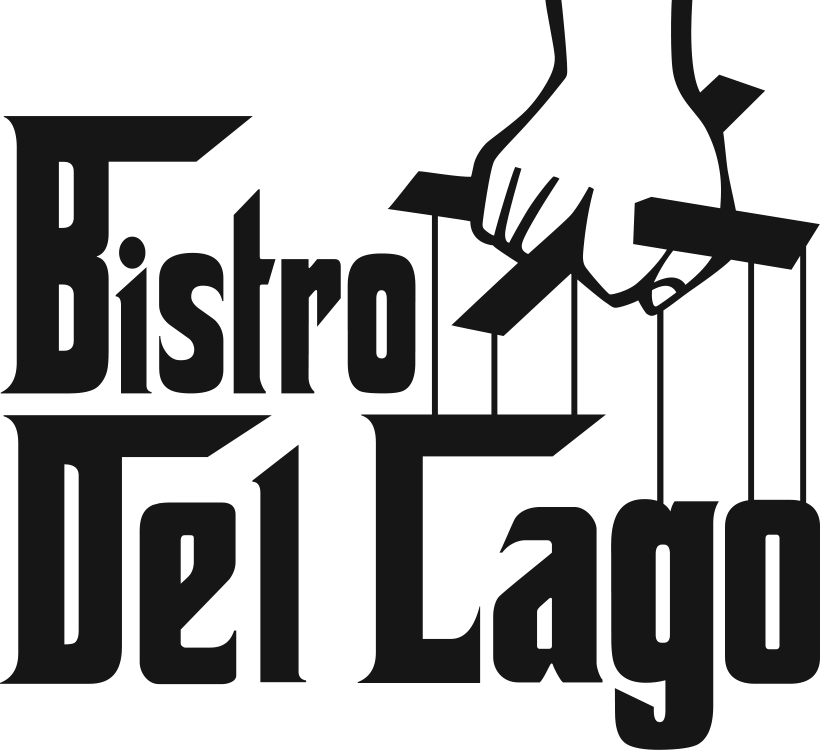 The image shows the text "Bistro Del Lago" with a hand holding puppet strings above.